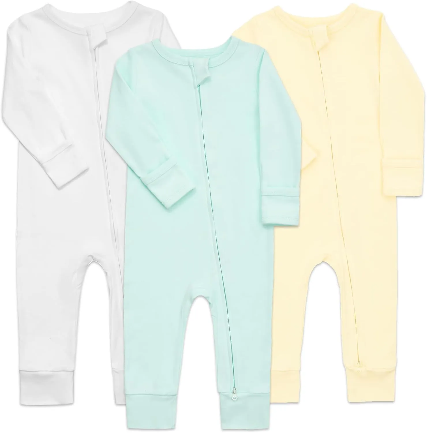 Aablexema 3-Pack Organic Cotton Baby Footless Pajamas with Mitten Cuffs, 2-Way Zipper Romper Sleepers