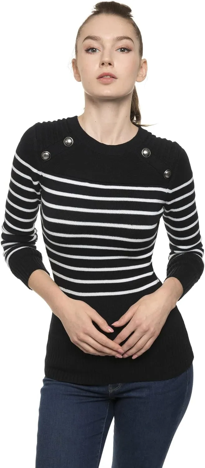 AmélieBoutik Women Crewneck Striped Military Button Embellished Pullover Sweater