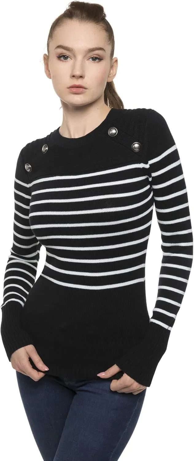 AmélieBoutik Women Crewneck Striped Military Button Embellished Pullover Sweater