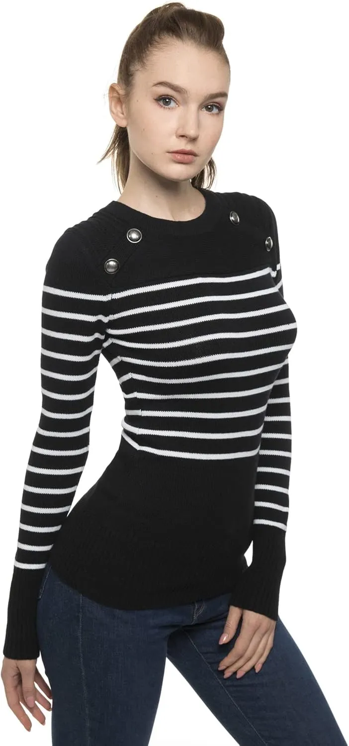 AmélieBoutik Women Crewneck Striped Military Button Embellished Pullover Sweater