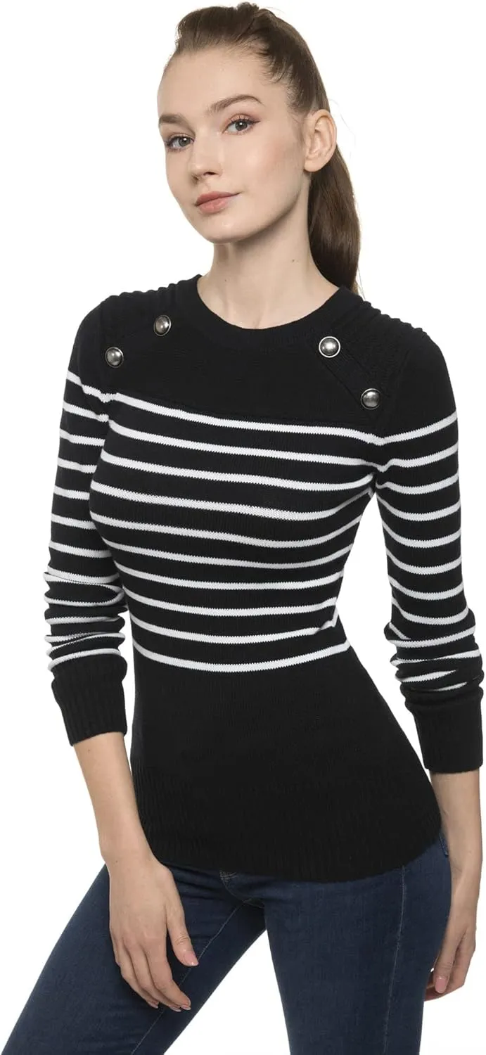 AmélieBoutik Women Crewneck Striped Military Button Embellished Pullover Sweater