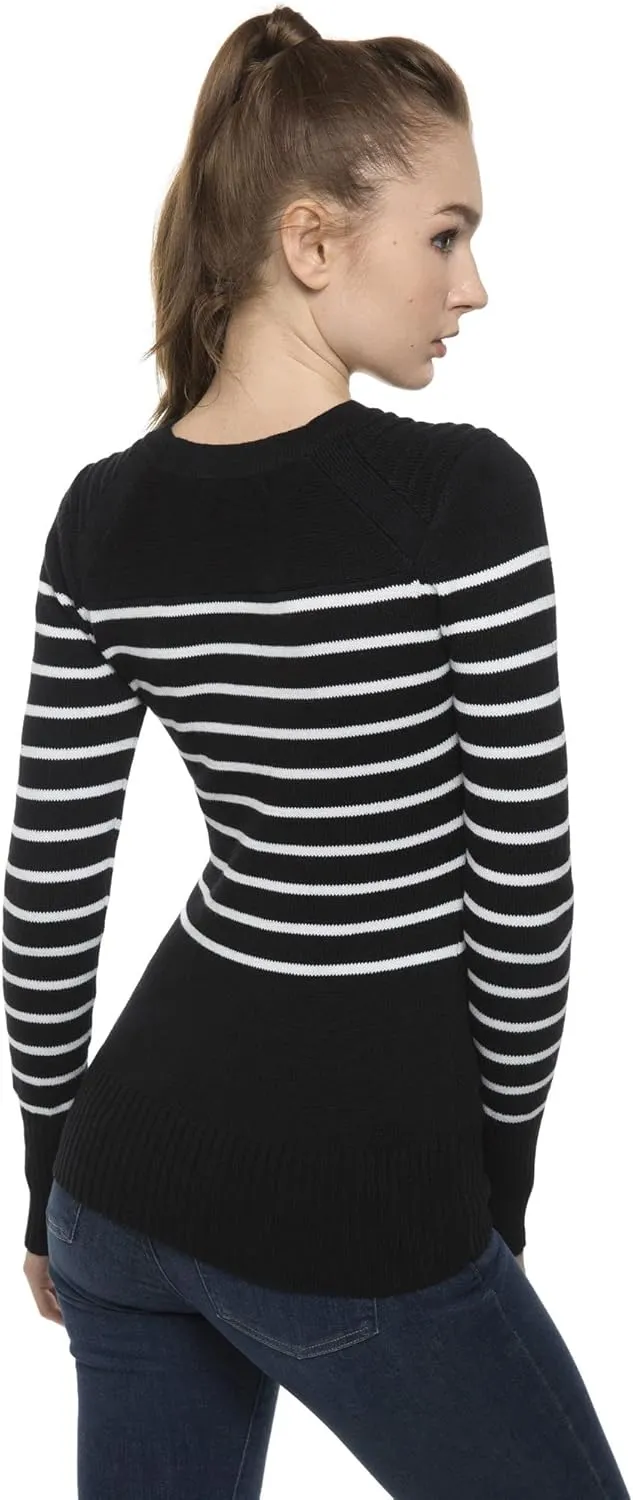 AmélieBoutik Women Crewneck Striped Military Button Embellished Pullover Sweater