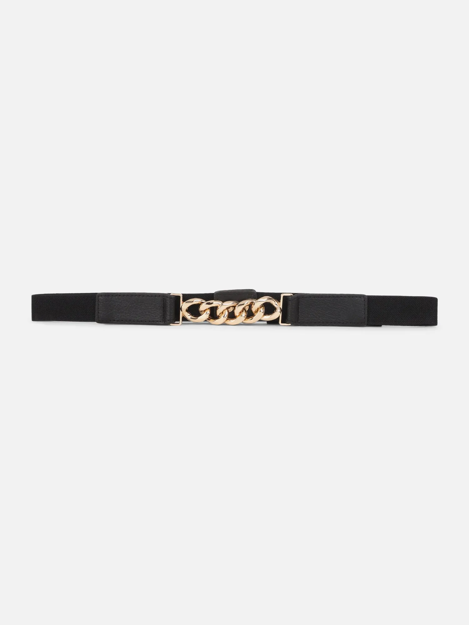 Berrylush Women Solid Black Golden Chain Embellished PU Nylon Interlock Regular Belt