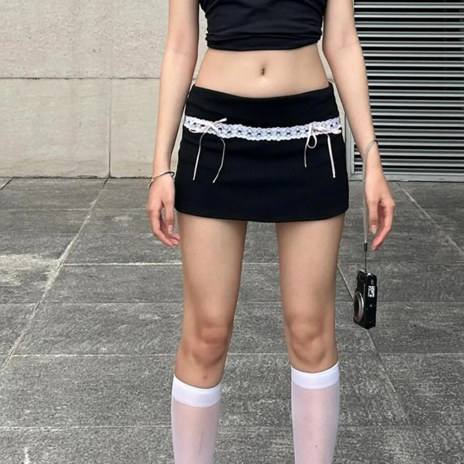 Black Bodycon Mini Skirts for Women Pleated Skirt with Lace Trim and Bow Ties Preppy Clothes Y2k Outfits
