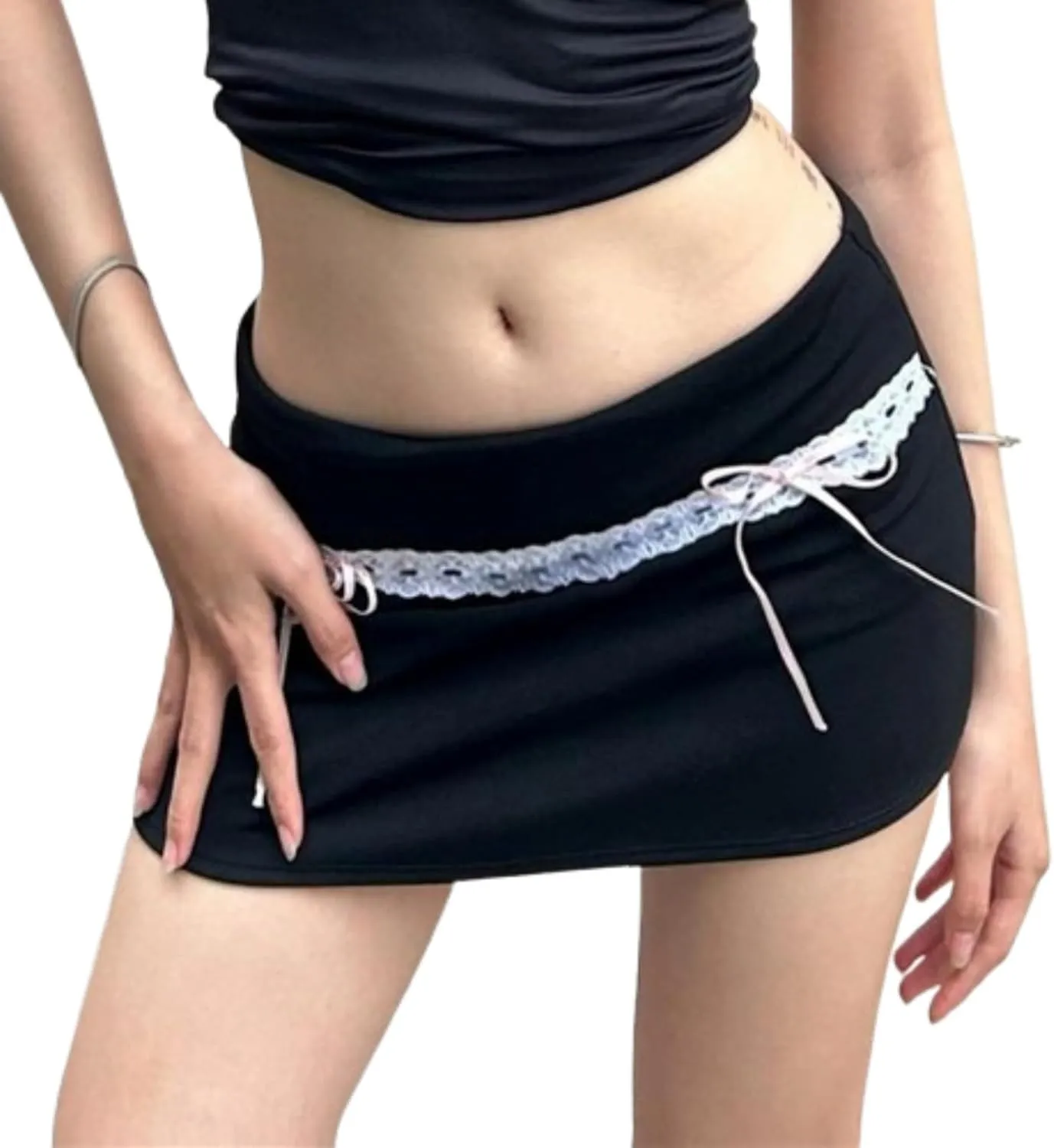 Black Bodycon Mini Skirts for Women Pleated Skirt with Lace Trim and Bow Ties Preppy Clothes Y2k Outfits