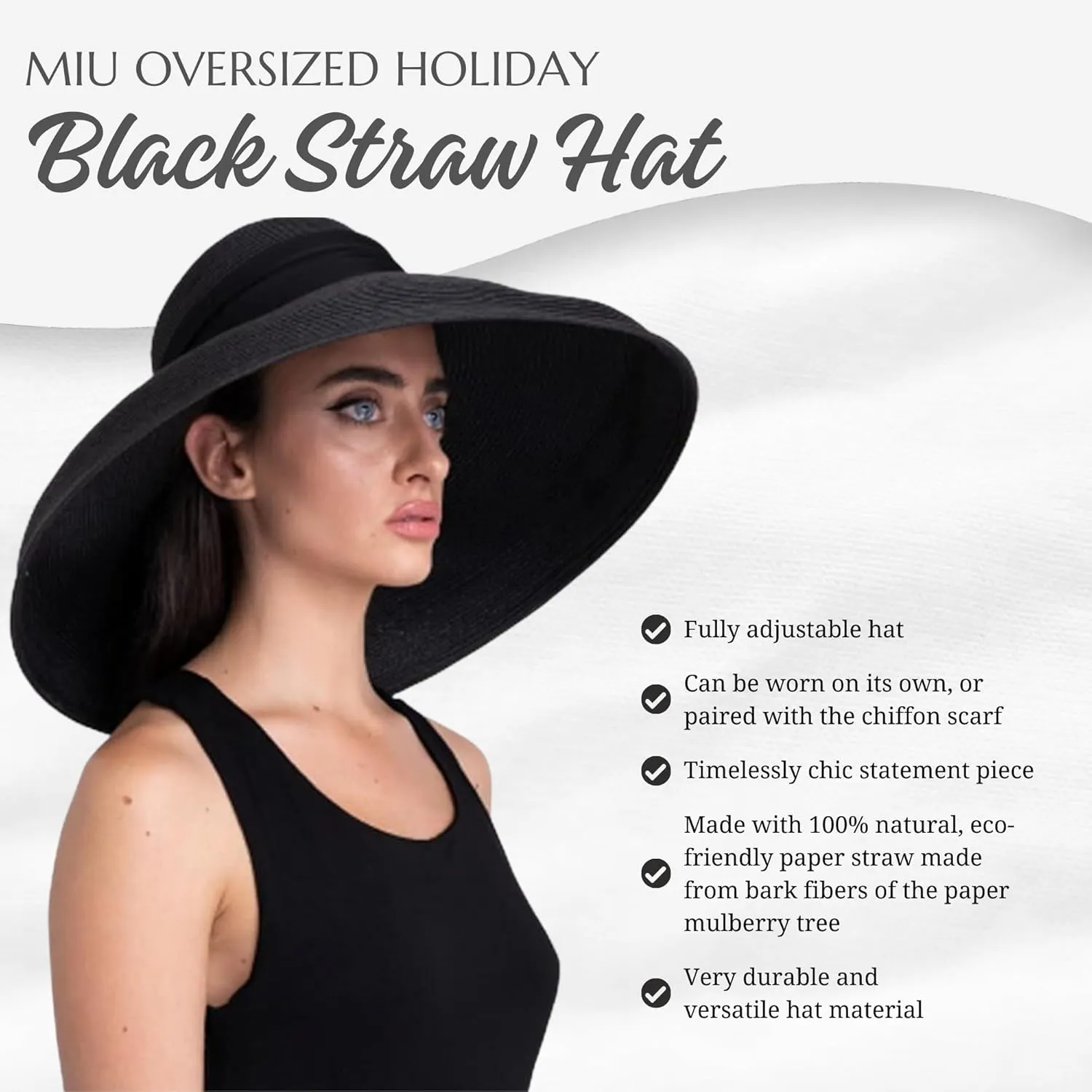 Color Me MIU Bundle 3 in 1 Premium Holiday Straw Hat with 3 Chiffon Silk Scarves - Fully Adjustable Womens Beach hat