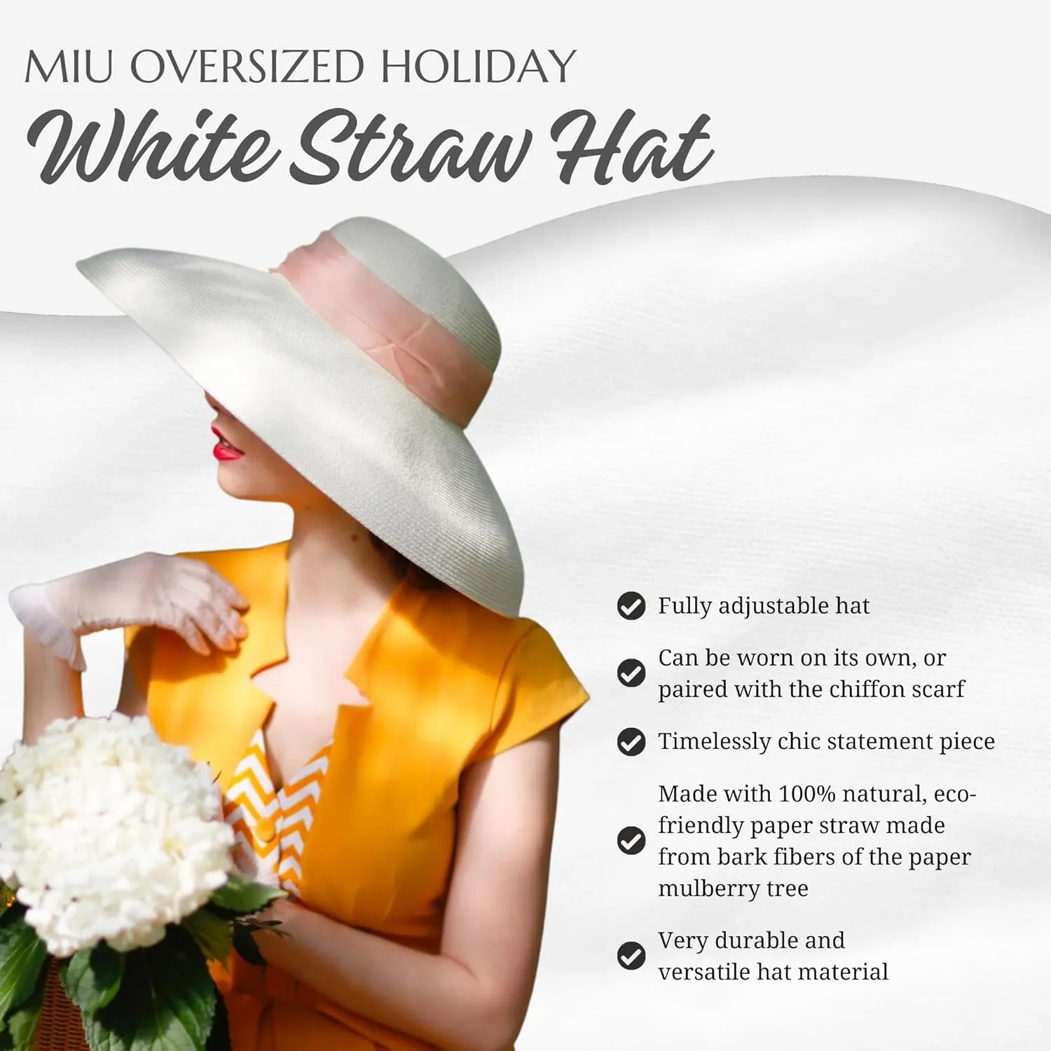 Color Me MIU Bundle 3 in 1 Premium Holiday Straw Hat with 3 Chiffon Silk Scarves - Fully Adjustable Womens Beach hat