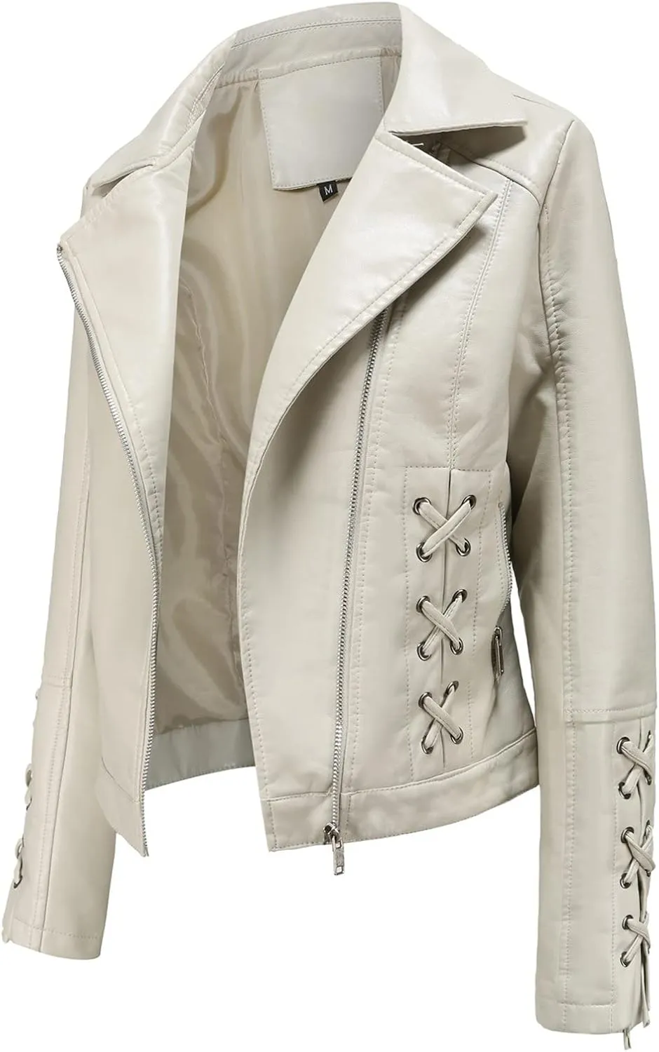 DGHM-JLMY Women's Leather Strap Coat Jacket Faux Leather Textured Short Moto Jacket Zip-up Slim PU Biker Coat with Pockets
