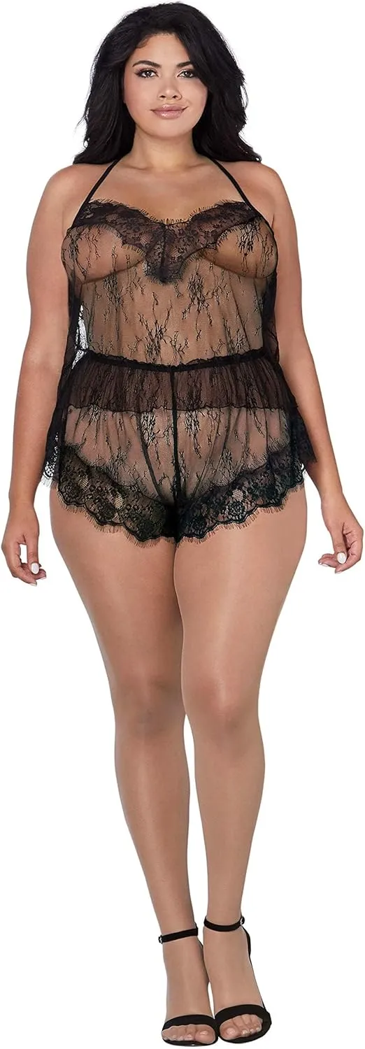 Dreamgirl Women's Plus Size Delicate Floral Lace Camisole & Short Set