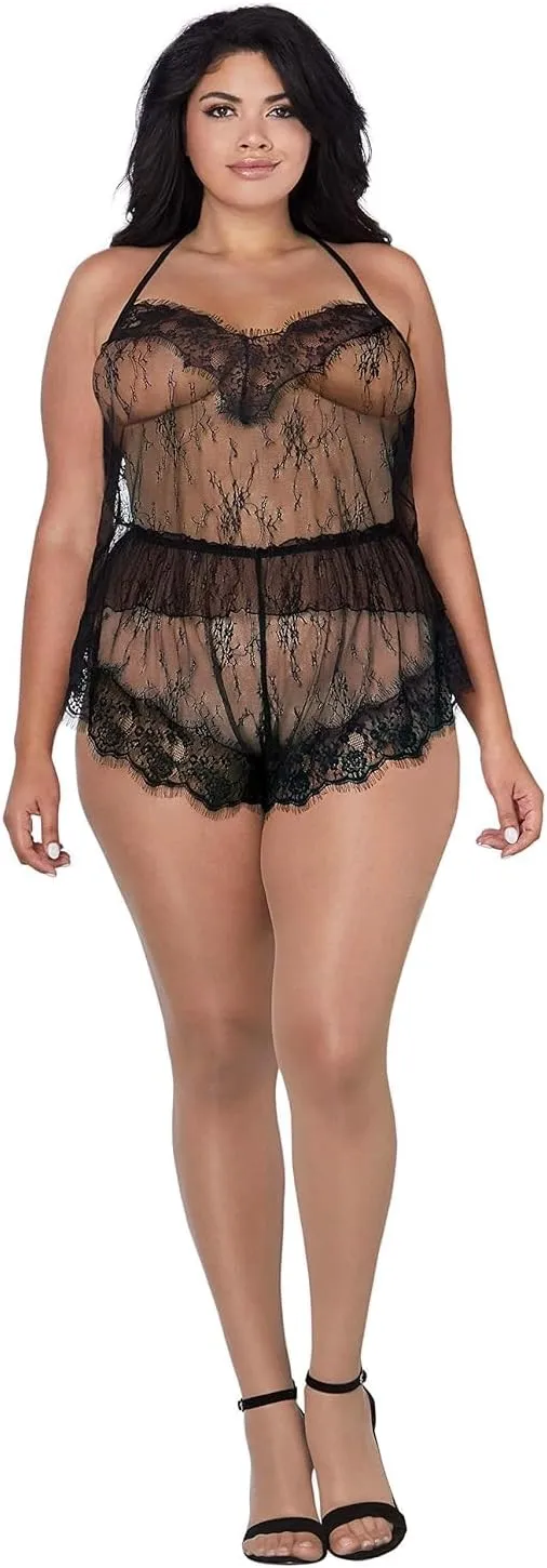 Dreamgirl Women's Plus Size Delicate Floral Lace Camisole & Short Set
