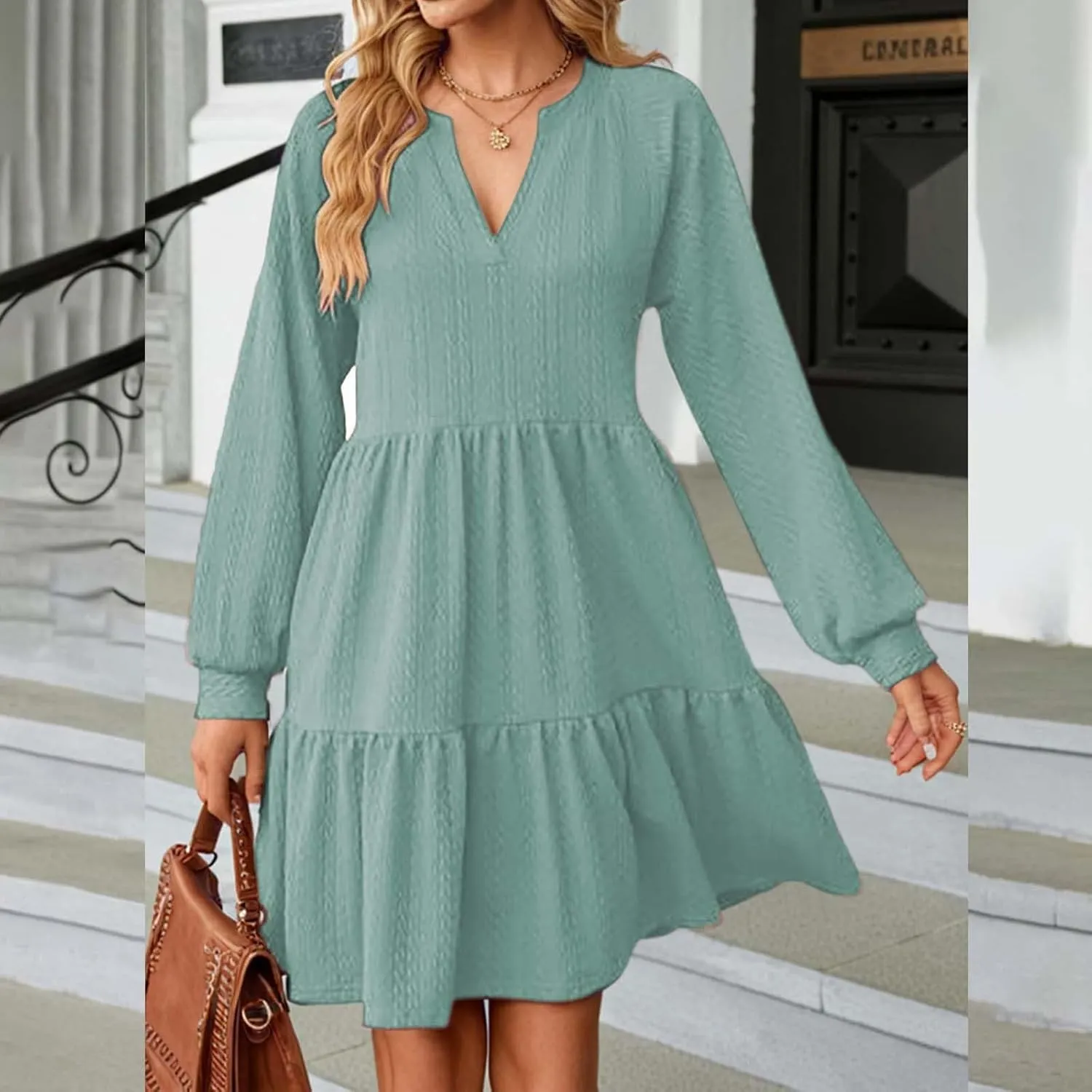 Dresses for Women 2025 Long Sleeve V Neck Textured Casual Tiered Ruffle A-Line Swing Mini Babydoll Dress