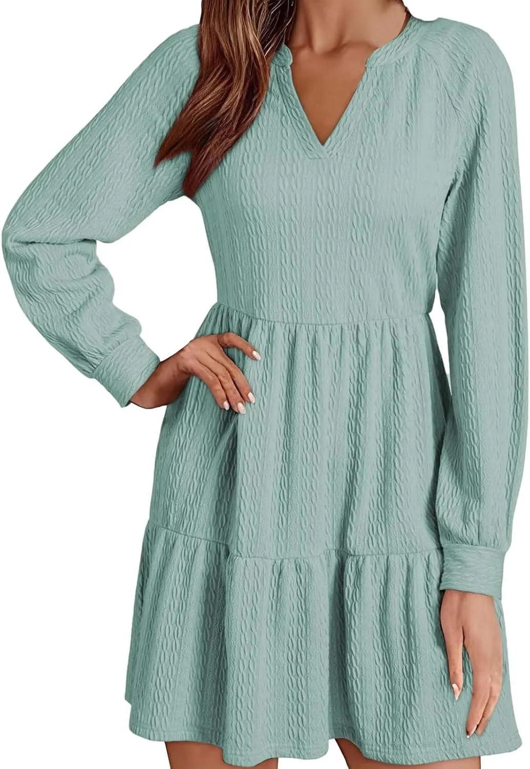 Dresses for Women 2025 Long Sleeve V Neck Textured Casual Tiered Ruffle A-Line Swing Mini Babydoll Dress