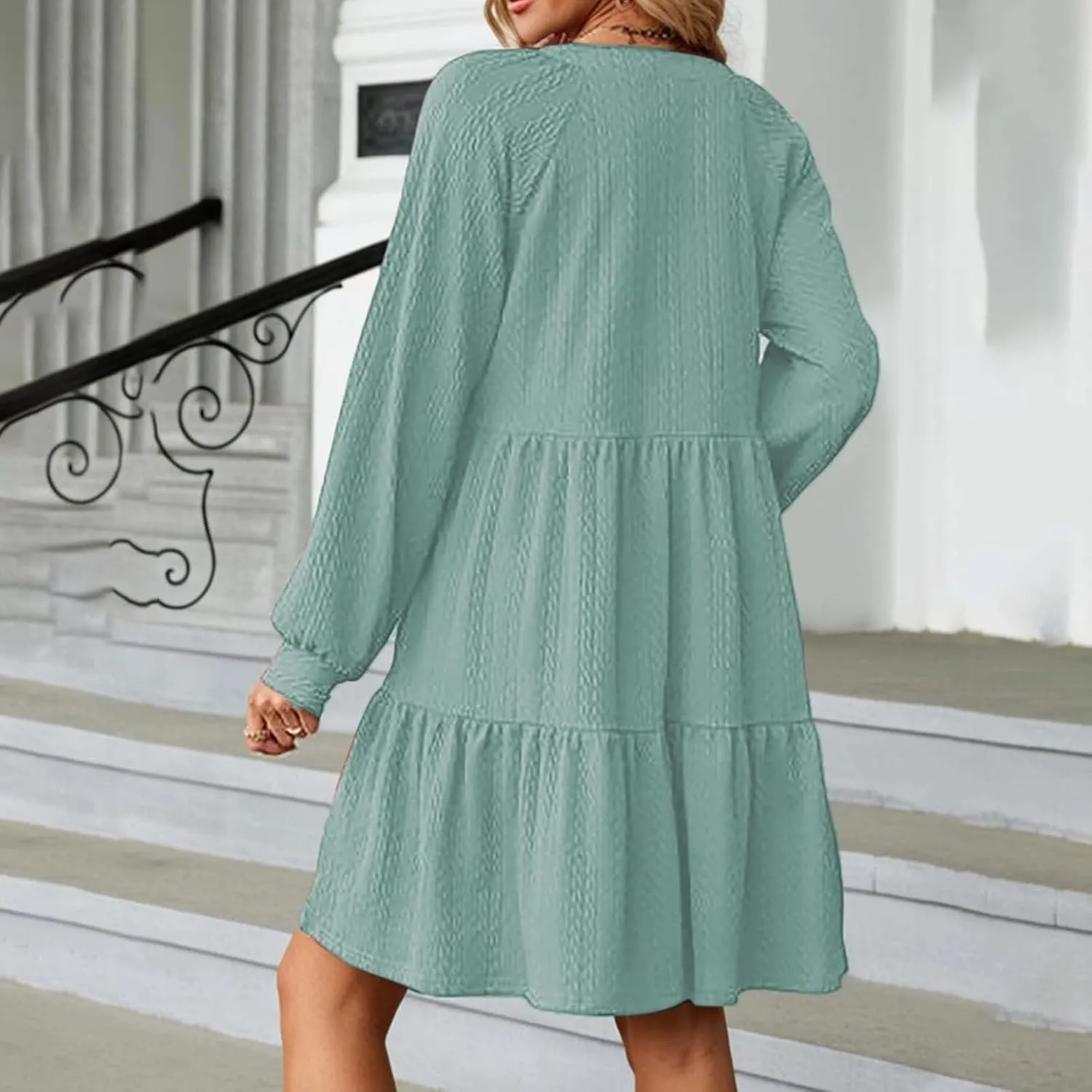 Dresses for Women 2025 Long Sleeve V Neck Textured Casual Tiered Ruffle A-Line Swing Mini Babydoll Dress