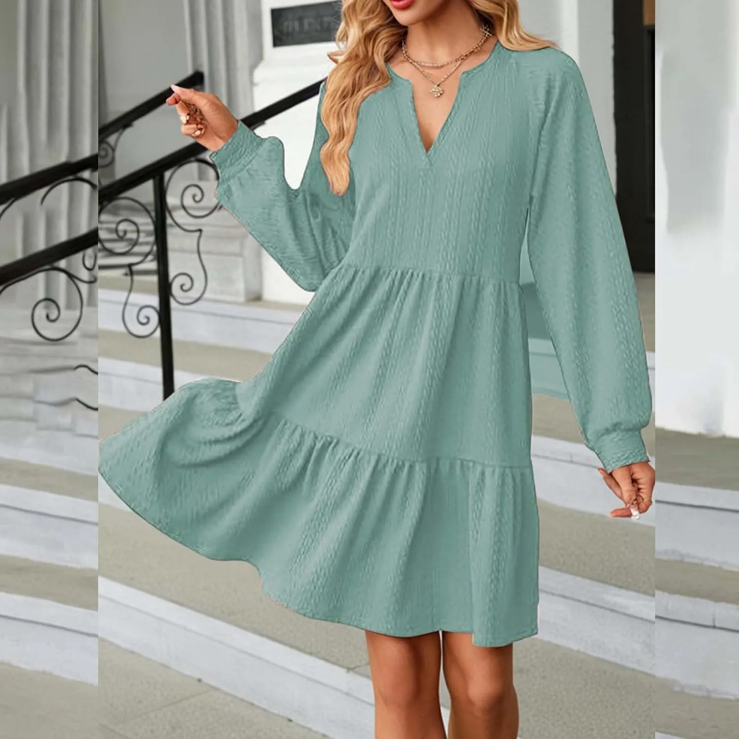 Dresses for Women 2025 Long Sleeve V Neck Textured Casual Tiered Ruffle A-Line Swing Mini Babydoll Dress