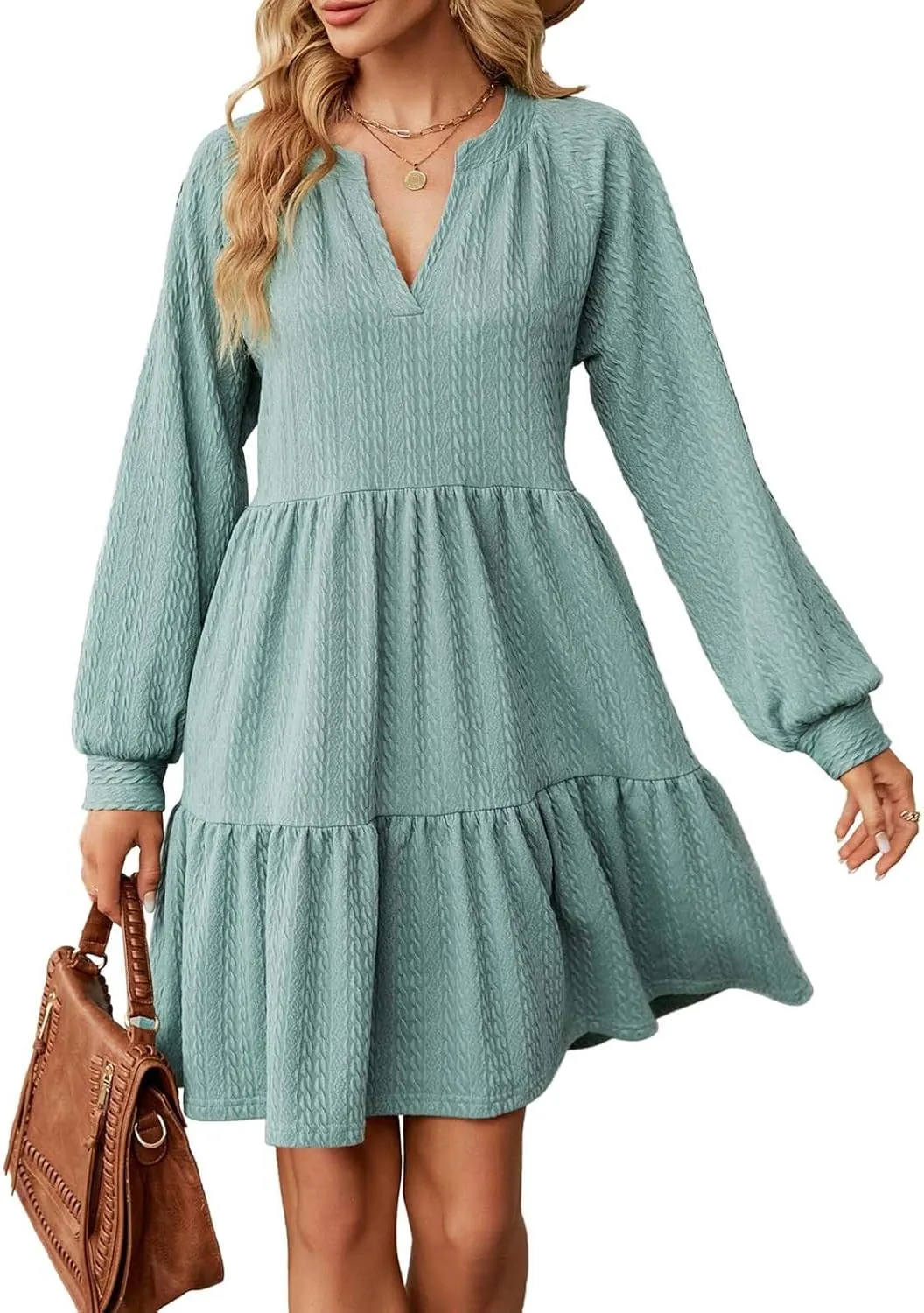 Dresses for Women 2025 Long Sleeve V Neck Textured Casual Tiered Ruffle A-Line Swing Mini Babydoll Dress