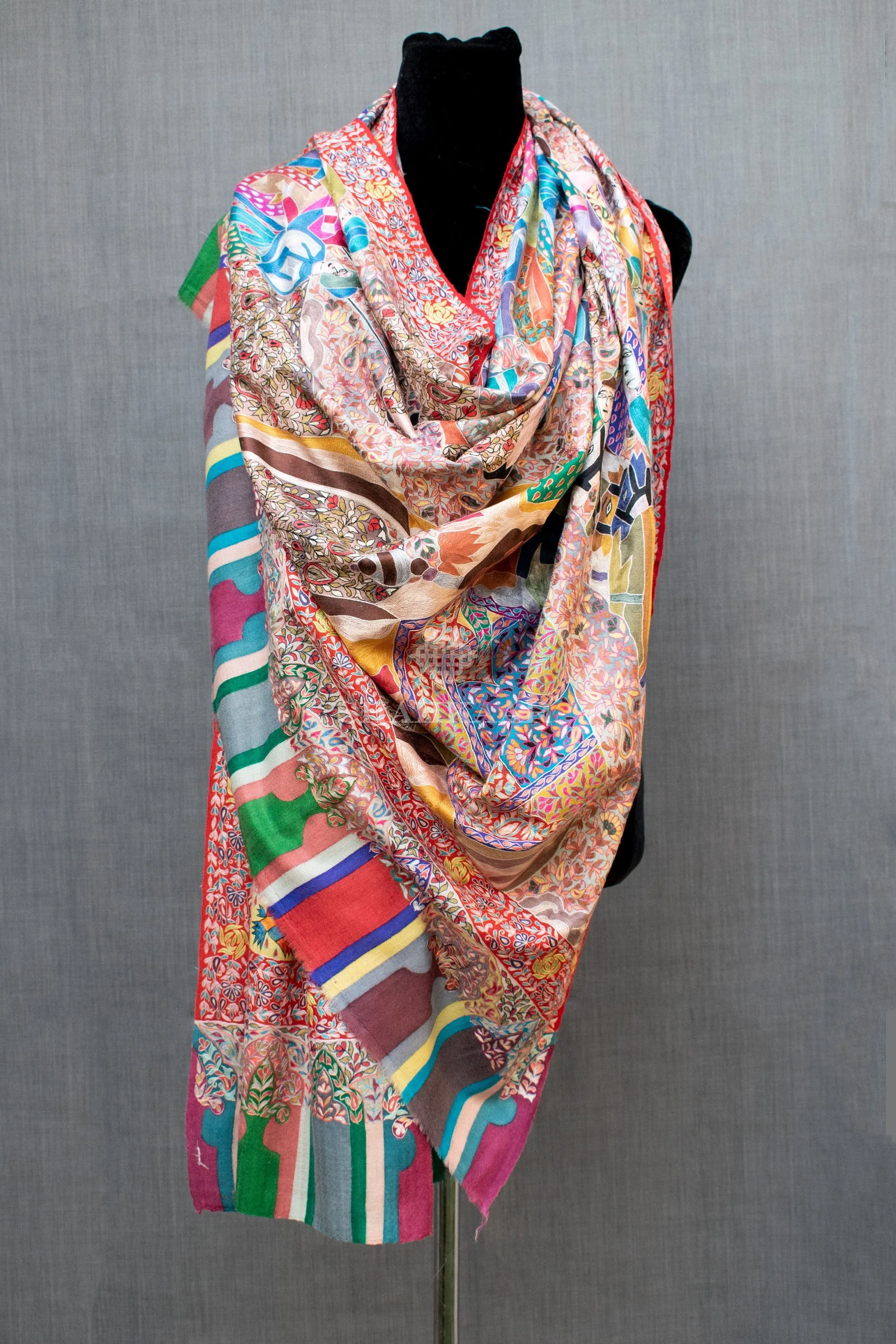 Exclusive Royal Kalamkari Pashmina/Cashmere Shawl, Hand Painted, Hand Hook Embroidery, Hand Woven, Pure Silk Embroidery Thread