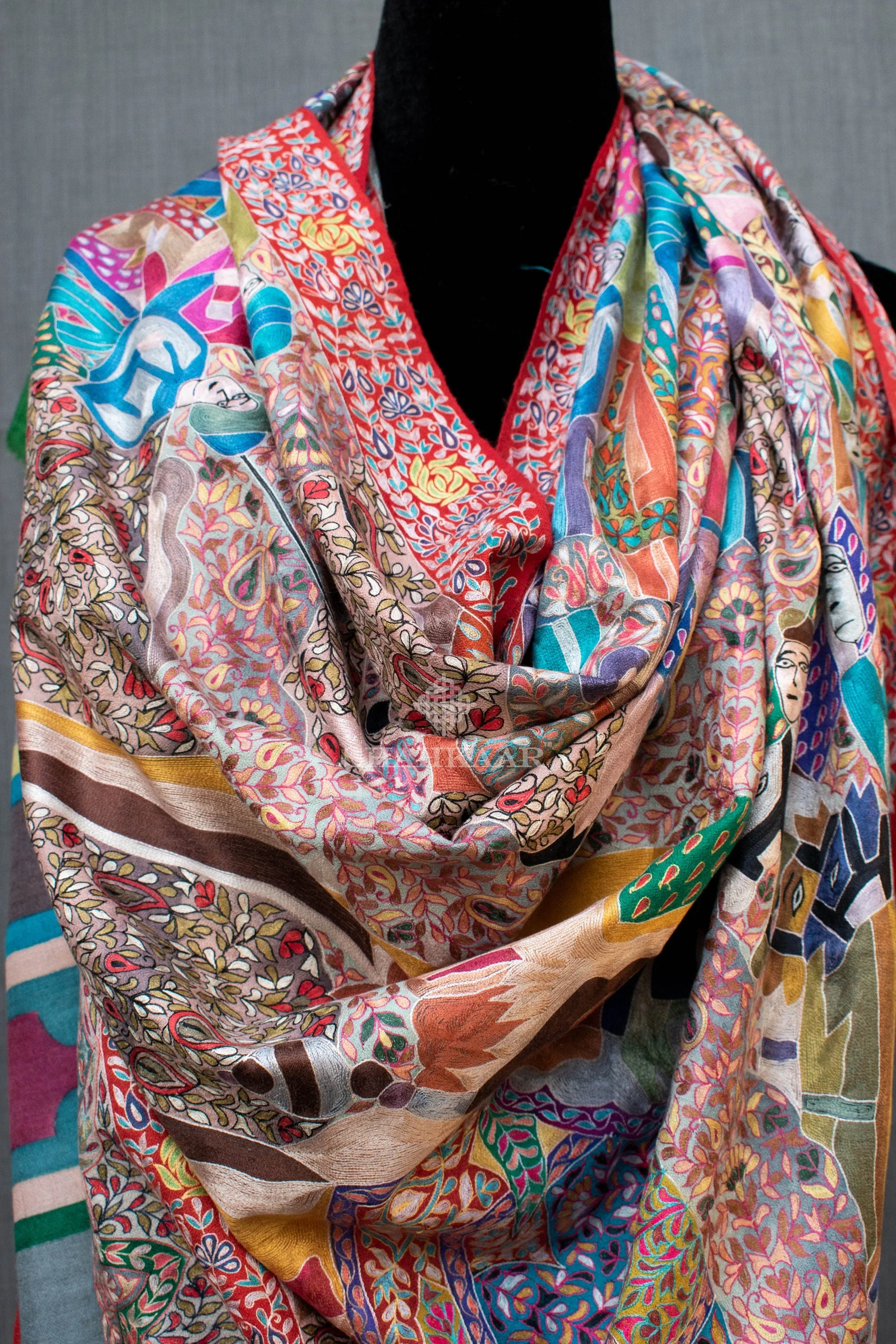 Exclusive Royal Kalamkari Pashmina/Cashmere Shawl, Hand Painted, Hand Hook Embroidery, Hand Woven, Pure Silk Embroidery Thread