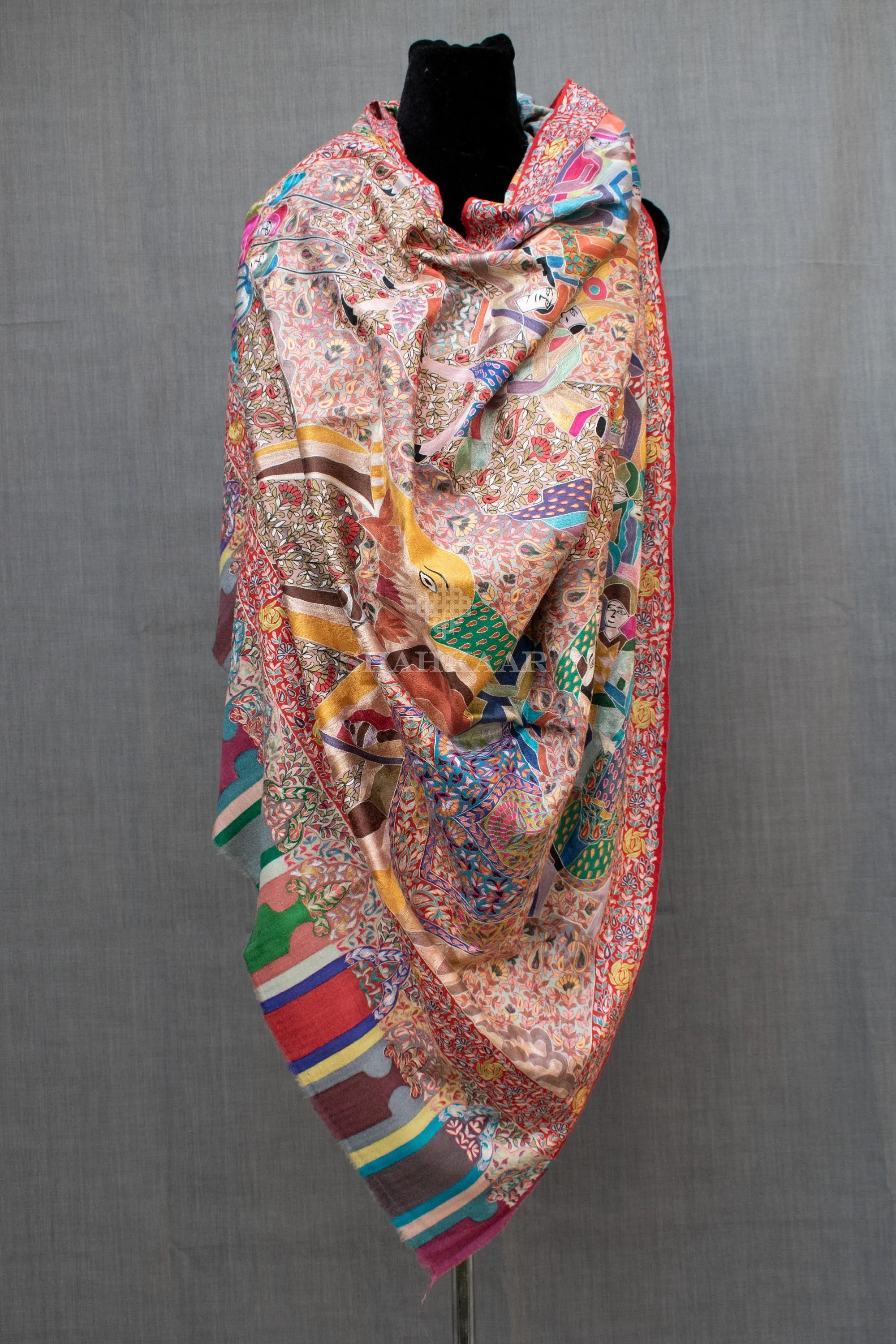 Exclusive Royal Kalamkari Pashmina/Cashmere Shawl, Hand Painted, Hand Hook Embroidery, Hand Woven, Pure Silk Embroidery Thread