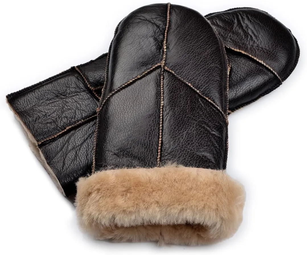 Harssidanzar Men Mittens For Winter,Sheepskin Shearling Fur Lined Warm Genuine Leather Mittens Glove KM054US