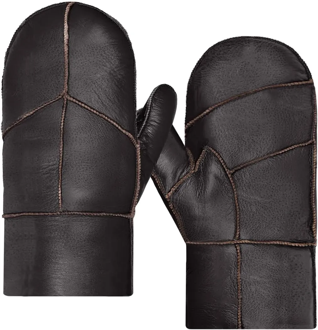 Harssidanzar Men Mittens For Winter,Sheepskin Shearling Fur Lined Warm Genuine Leather Mittens Glove KM054US