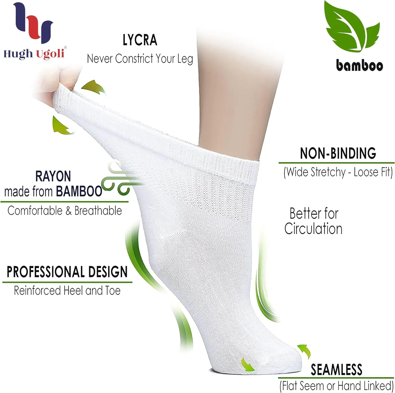 Hugh Ugoli Diabetic Socks for Women, Super Soft, Thin Bamboo Ankle Socks,Wide,Loose, Non-Binding Top, Seamless Toe, 4 Pairs