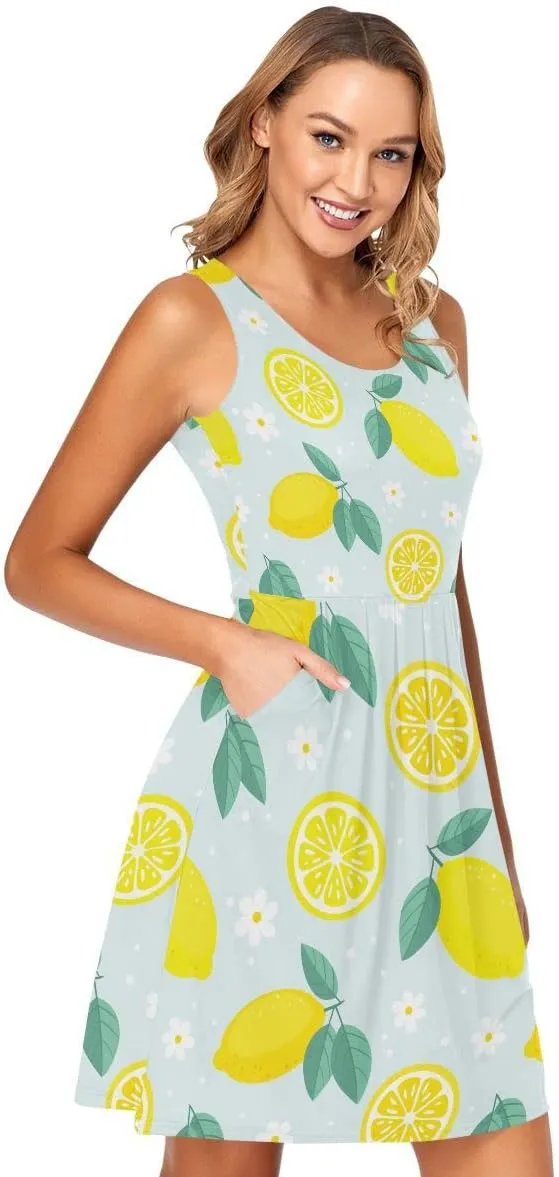 linqin Women's Casual Sleeveless Summer Dress with Pockets Watercolor Floral Pattern Delicate Flower Beach Shift Dress