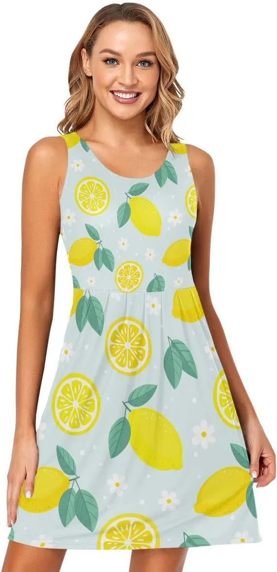 linqin Women's Casual Sleeveless Summer Dress with Pockets Watercolor Floral Pattern Delicate Flower Beach Shift Dress