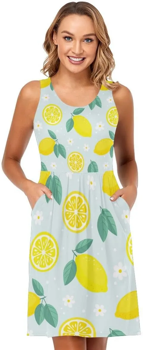 linqin Women's Casual Sleeveless Summer Dress with Pockets Watercolor Floral Pattern Delicate Flower Beach Shift Dress