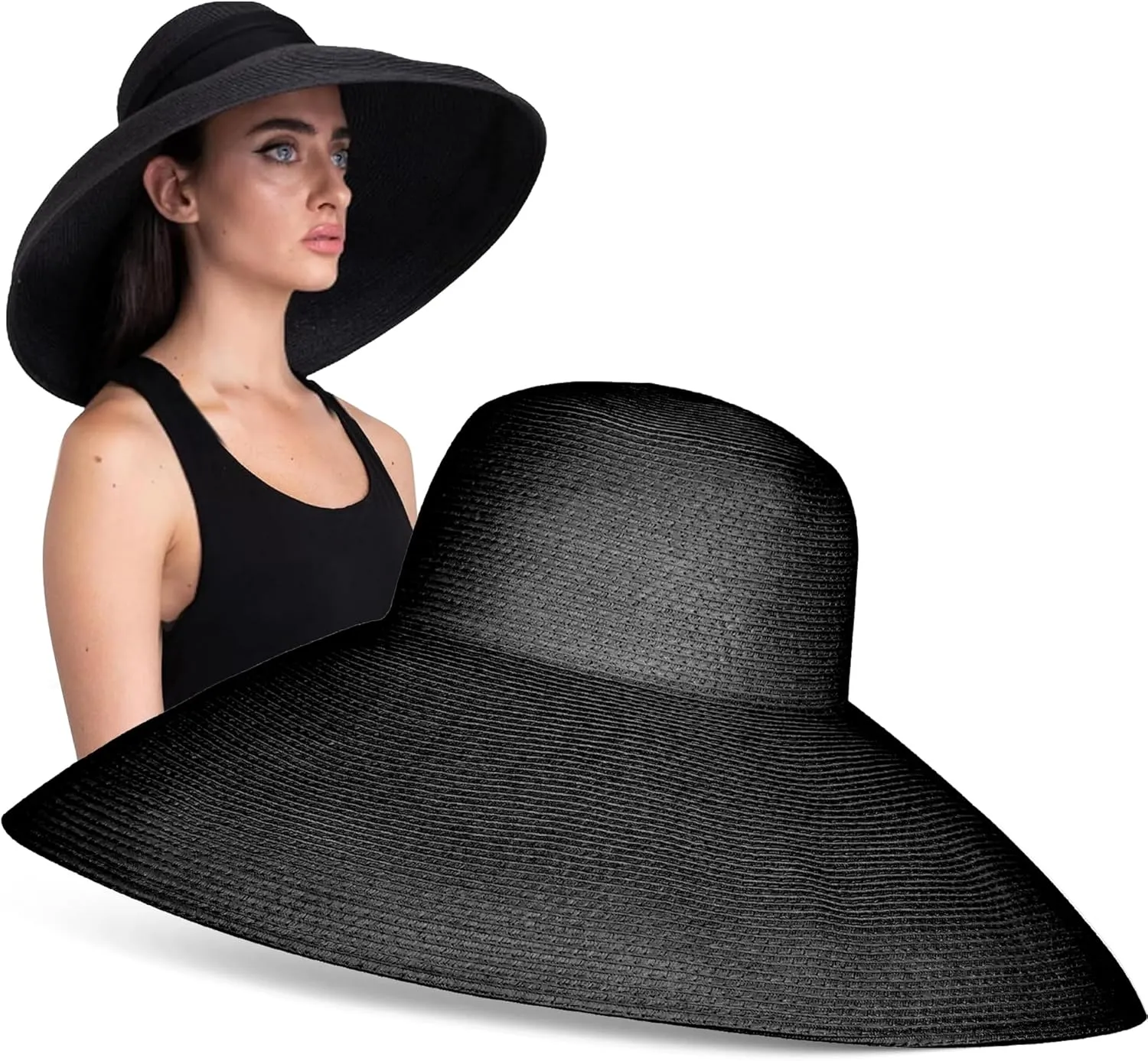 MIU Wide Brim Audrey Hepburn Hat - Adjustable and Made with 100% Natural Straw | Premium Elegant Black Hat - A Perfect Holiday Sun Protection for Women