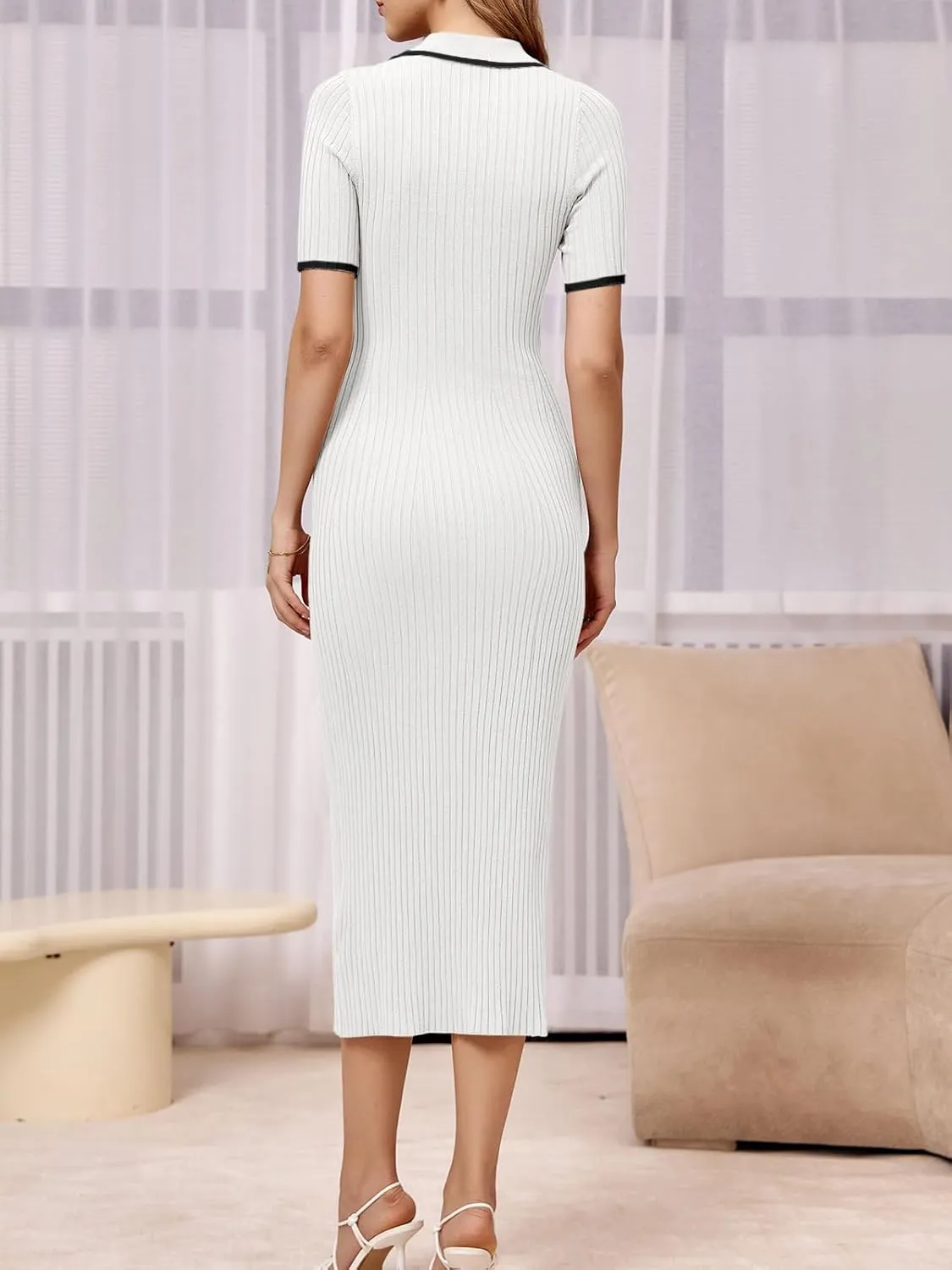 Saodimallsu Womens Short Sleeve Maxi Dress Summer Bodycon Button V Neck Collared Knit Elegant Party Long Sweater Dresses
