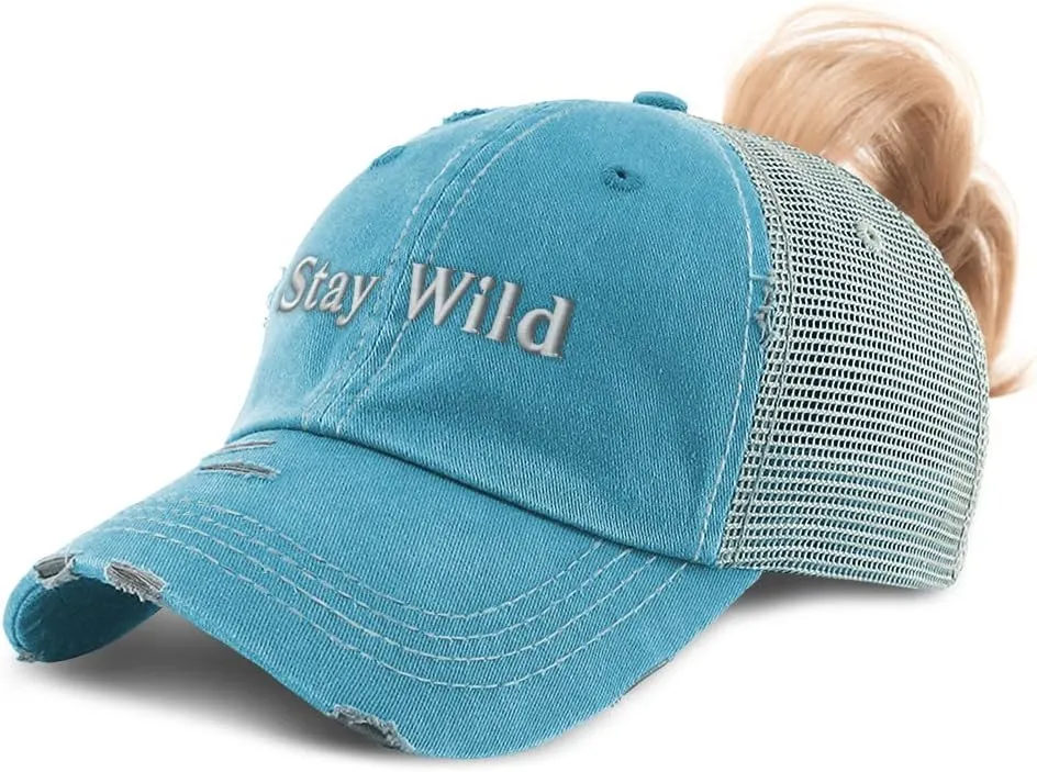 Speedy Pros Womens Ponytail Cap Stay Wild Power Cotton Distressed Trucker Hats