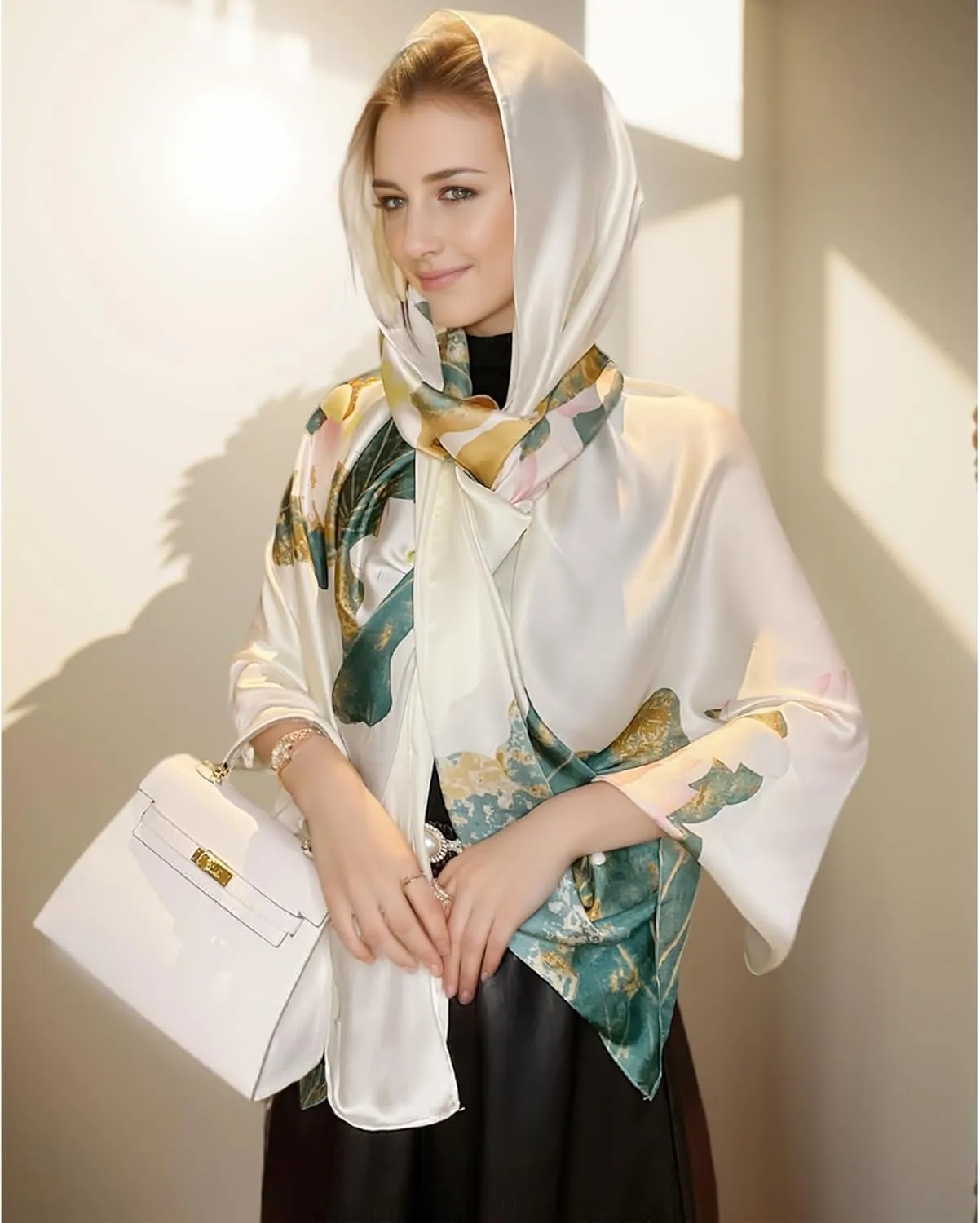 vimate 100% Large Silk Feeling Scarf-Women's Fashion Long Mulberry Silk Satin Neck Scarf Sunscreen Shawl Wrap Headscarf