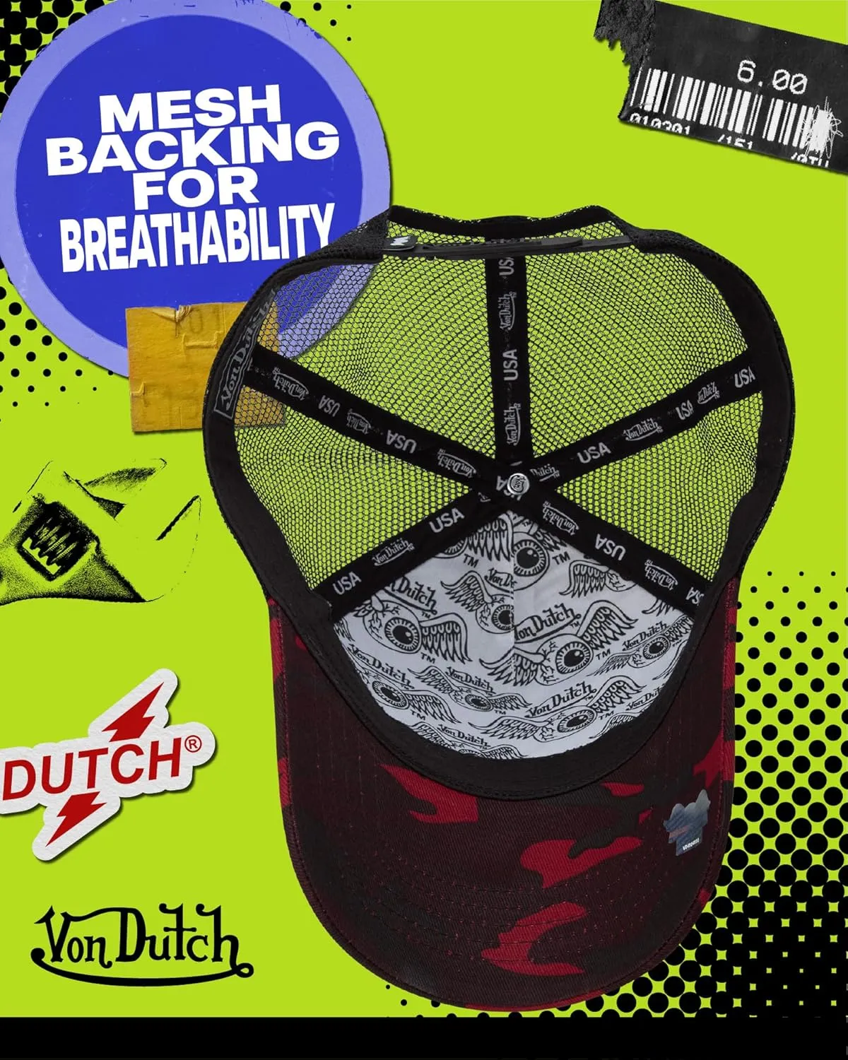 Von Dutch Monogram Trucker Cap - Retro Snapback Cap for Men and Women - Adjustable Snap Fit Panel, Mesh Rear, Curved Bill