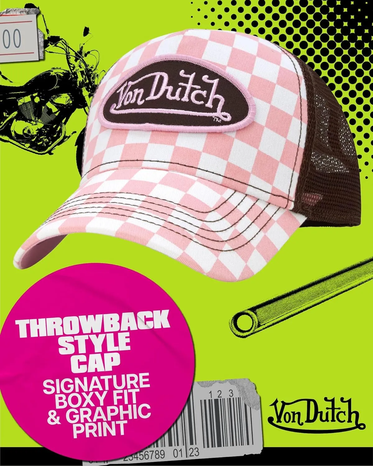 Von Dutch Monogram Trucker Cap - Retro Snapback Cap for Men and Women - Adjustable Snap Fit Panel, Mesh Rear, Curved Bill