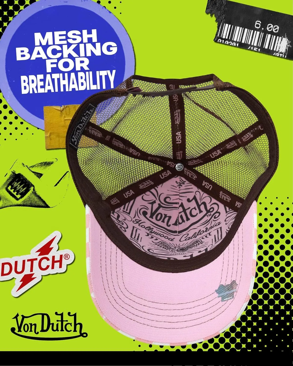Von Dutch Monogram Trucker Cap - Retro Snapback Cap for Men and Women - Adjustable Snap Fit Panel, Mesh Rear, Curved Bill