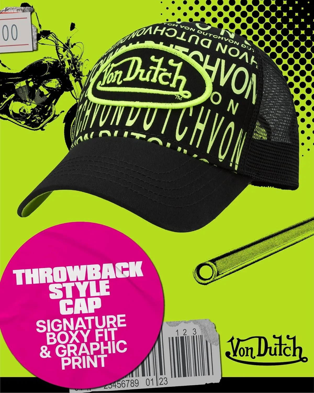 Von Dutch Monogram Trucker Cap - Retro Snapback Cap for Men and Women - Adjustable Snap Fit Panel, Mesh Rear, Curved Bill