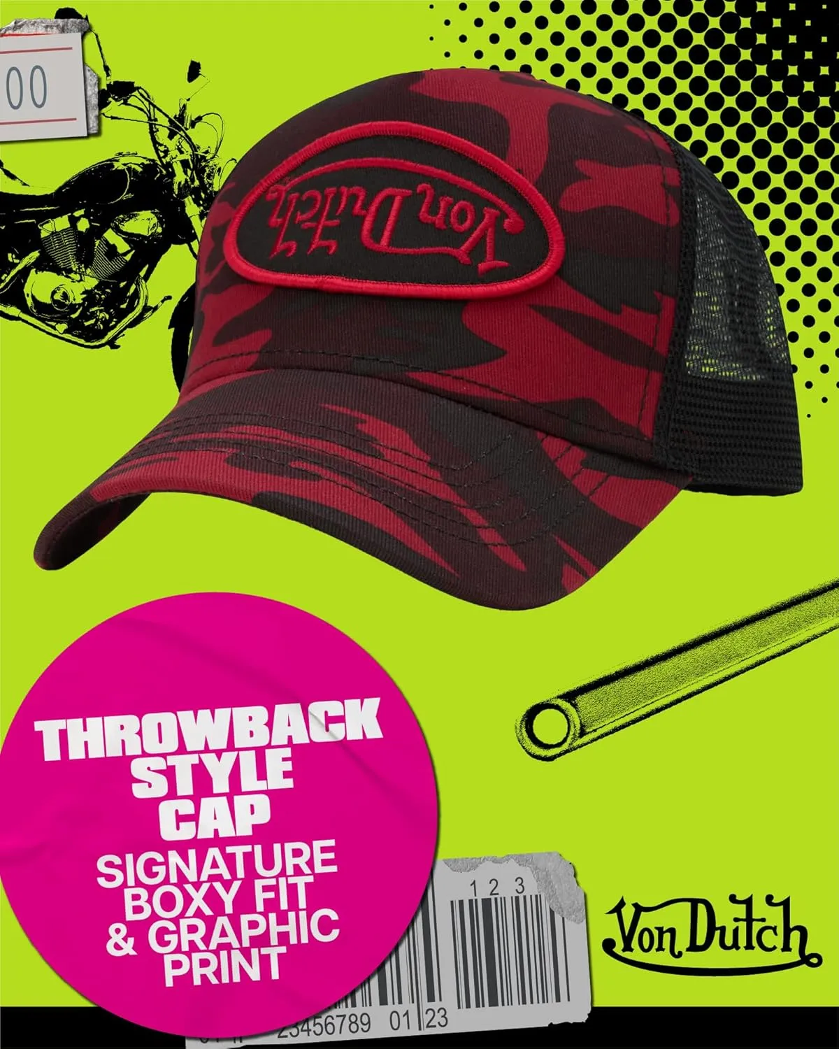 Von Dutch Monogram Trucker Cap - Retro Snapback Cap for Men and Women - Adjustable Snap Fit Panel, Mesh Rear, Curved Bill