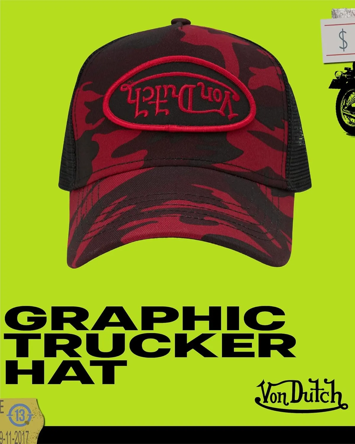 Von Dutch Monogram Trucker Cap - Retro Snapback Cap for Men and Women - Adjustable Snap Fit Panel, Mesh Rear, Curved Bill