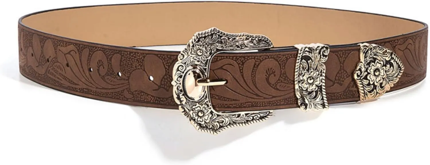 Western Strap for Women - Vintage Embossed Leather Bucket Belt Y2K Cowgirl Engraved Tooled for Jeans Pants