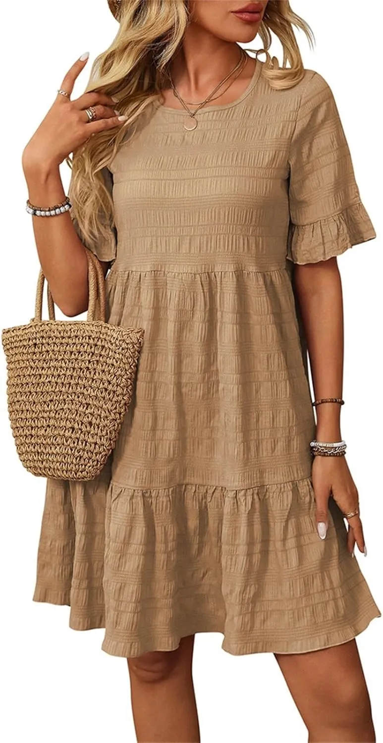 Women Summer Casual Crewneck Ruffle Short Sleeve Textured Flowy Pleated Tiered Swing Dress Tulle