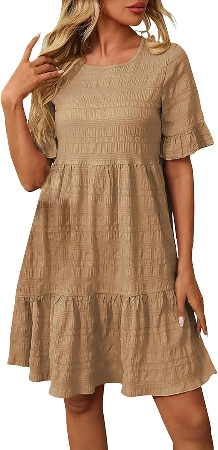 Women Summer Casual Crewneck Ruffle Short Sleeve Textured Flowy Pleated Tiered Swing Dress Tulle