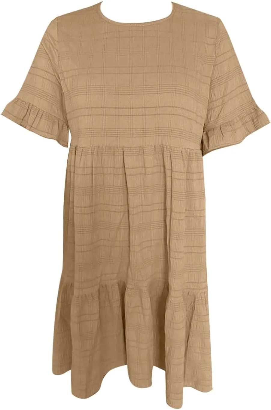 Women Summer Casual Crewneck Ruffle Short Sleeve Textured Flowy Pleated Tiered Swing Dress Tulle