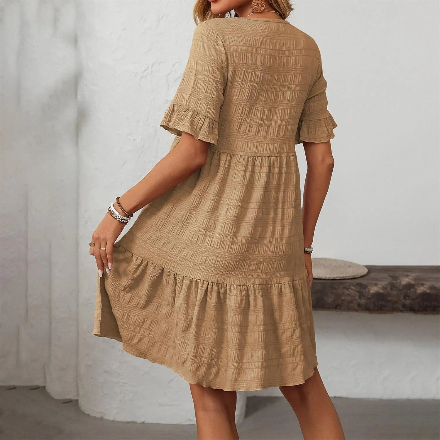Women Summer Casual Crewneck Ruffle Short Sleeve Textured Flowy Pleated Tiered Swing Dress Tulle