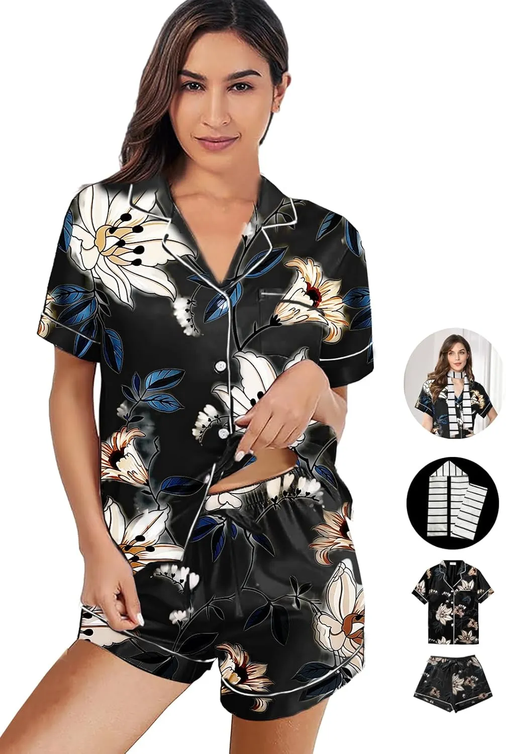 Womens 3Pcs Satin Pajamas Set Floral Silk Pajama Sets Stripe Lounge Set Silky Sleepwear XS-2XL Pjs Long Scarves