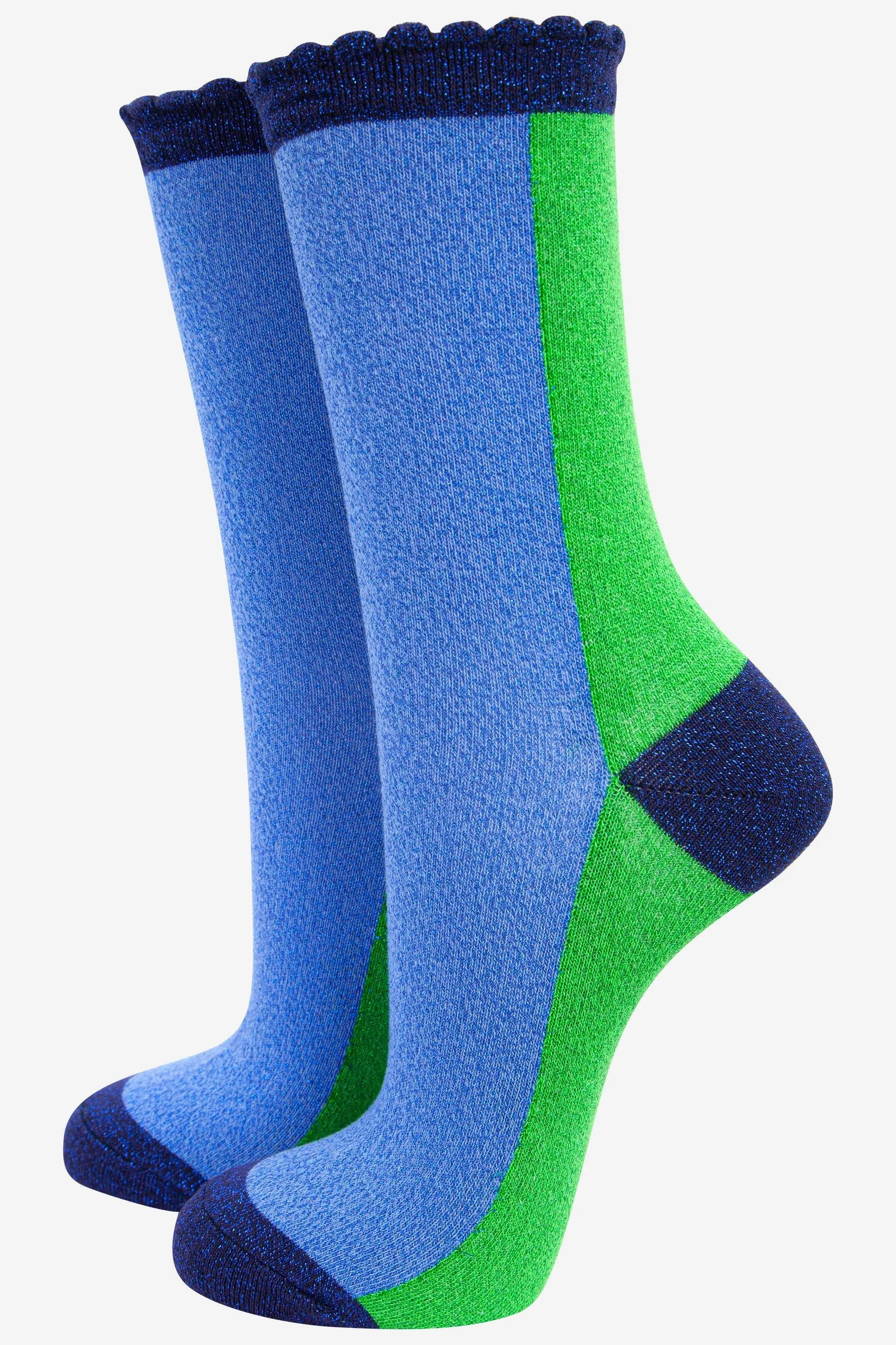 Women's Cotton Glitter Socks Colour Block Blue & Green