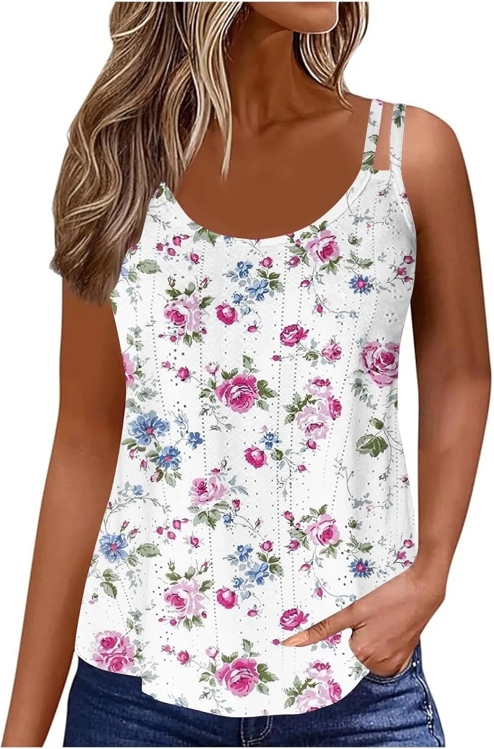 Women's Spaghetti Strap Eyelet Camisole Sleeveless Tank Tops Soft Cami Shirts Trendy Casual Summer Dressy Blouse