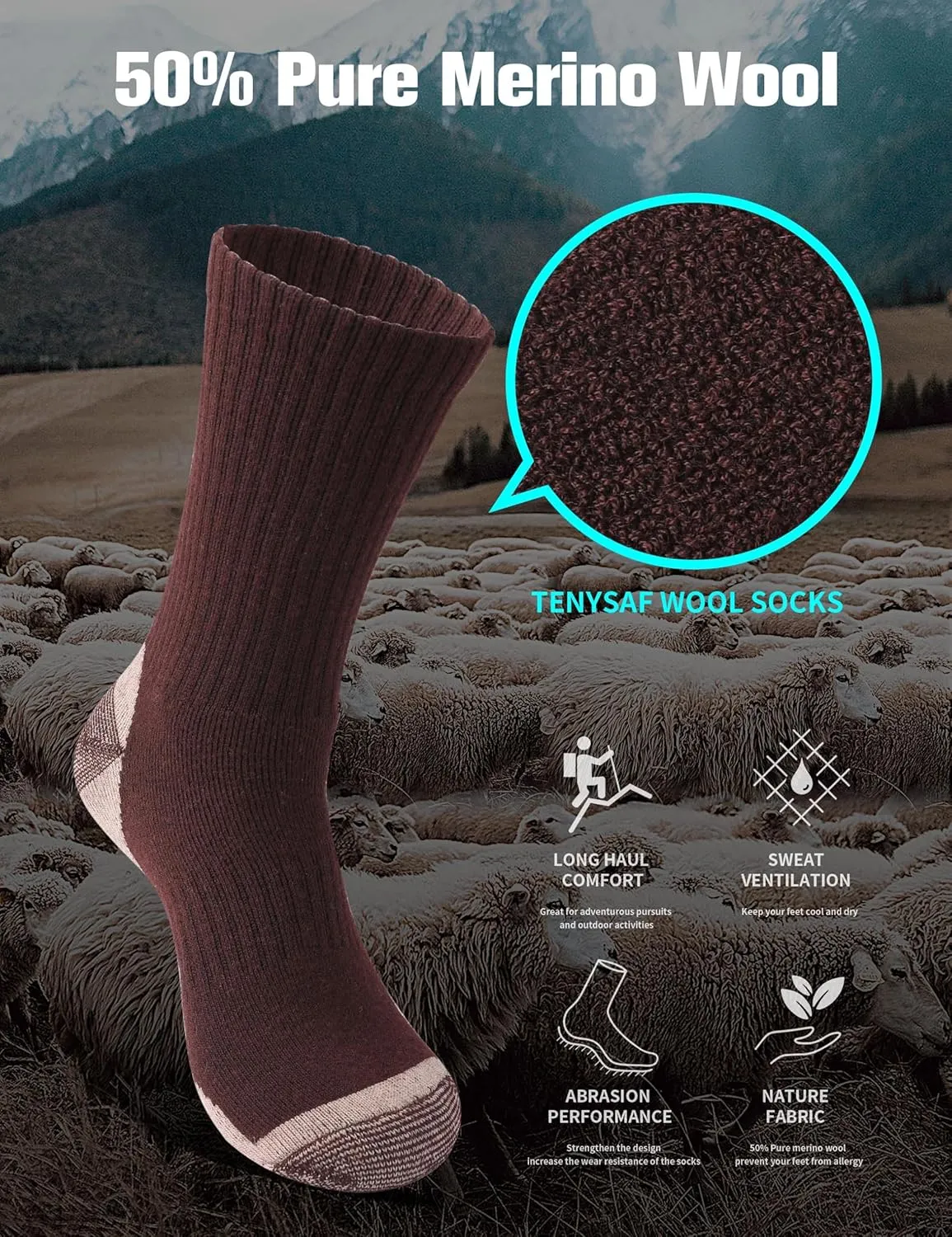 Wool Hiking Socks for Men - Mid weight Mens Crew Merino Wool Athletic Socks for Running Cycling Camping 7-13