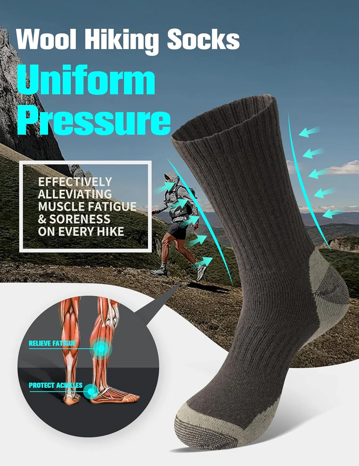 Wool Hiking Socks for Men - Mid weight Mens Crew Merino Wool Athletic Socks for Running Cycling Camping 7-13