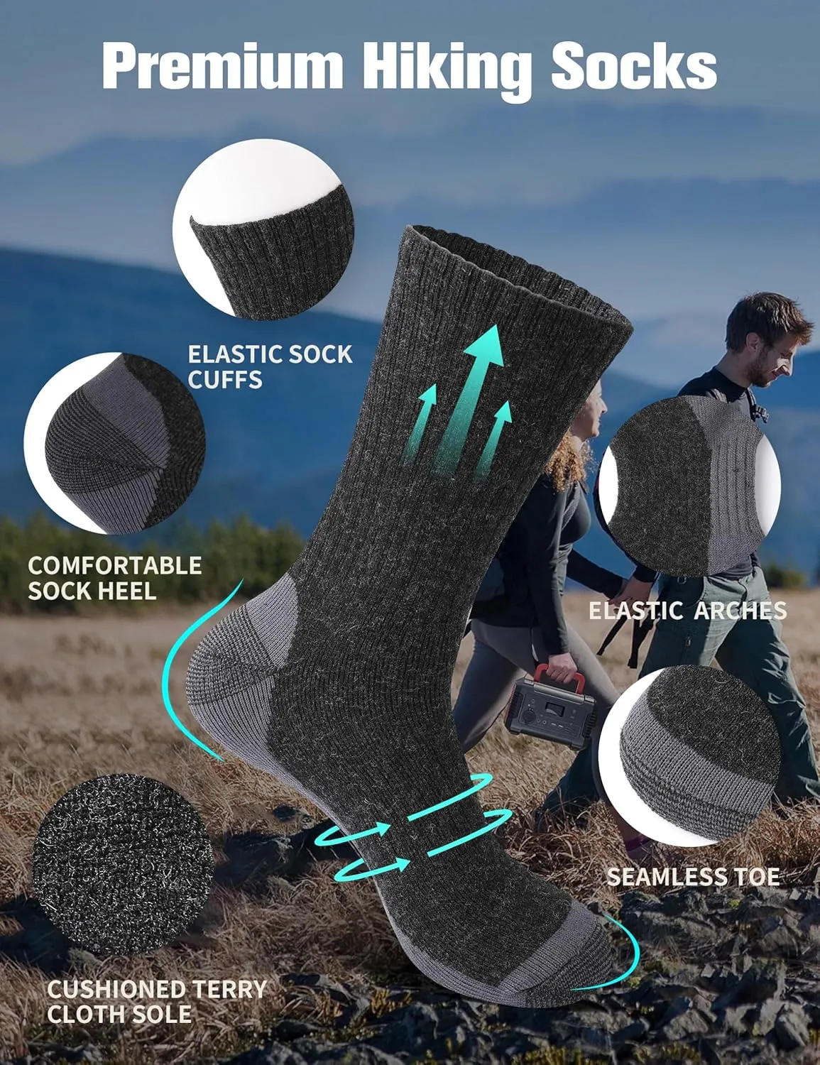 Wool Hiking Socks for Men - Mid weight Mens Crew Merino Wool Athletic Socks for Running Cycling Camping 7-13