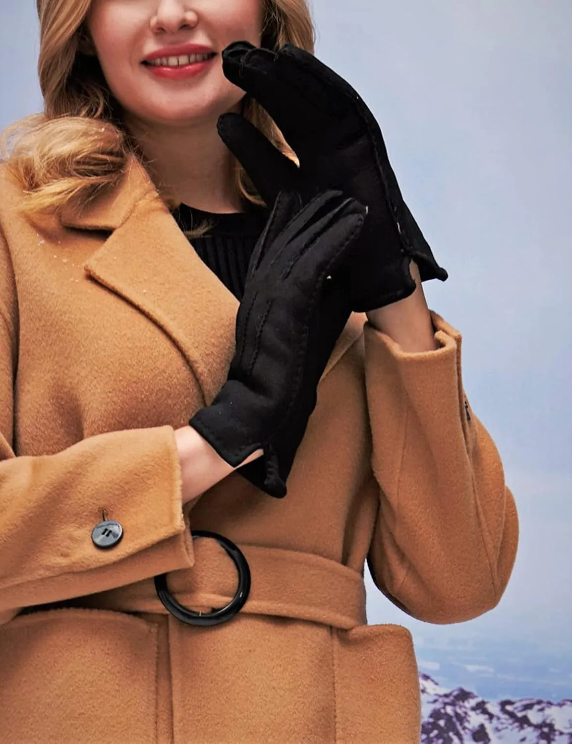 YISEVEN Women's Lambskin Shearling Leather Gloves Three Points